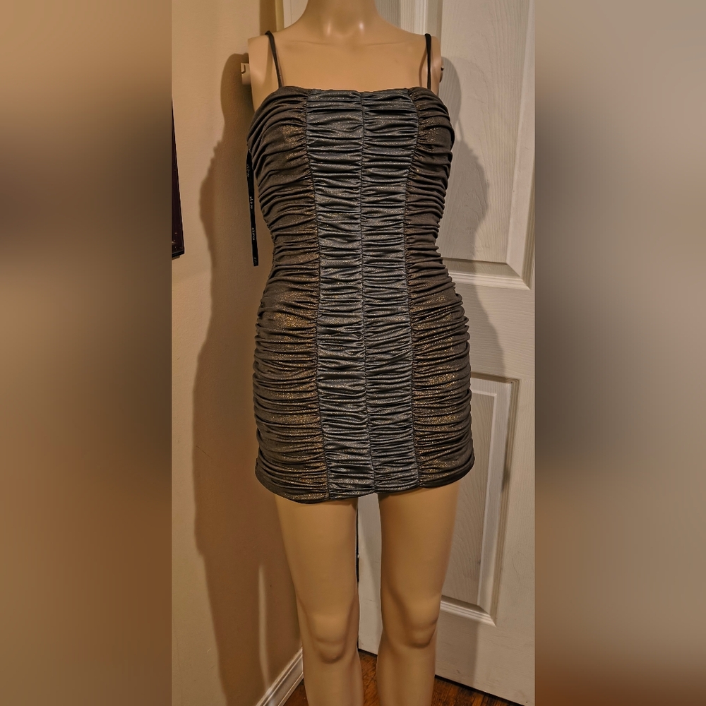 Ark & Co Metallic Gunmetal Ruched Mini Dress S... Green Grey